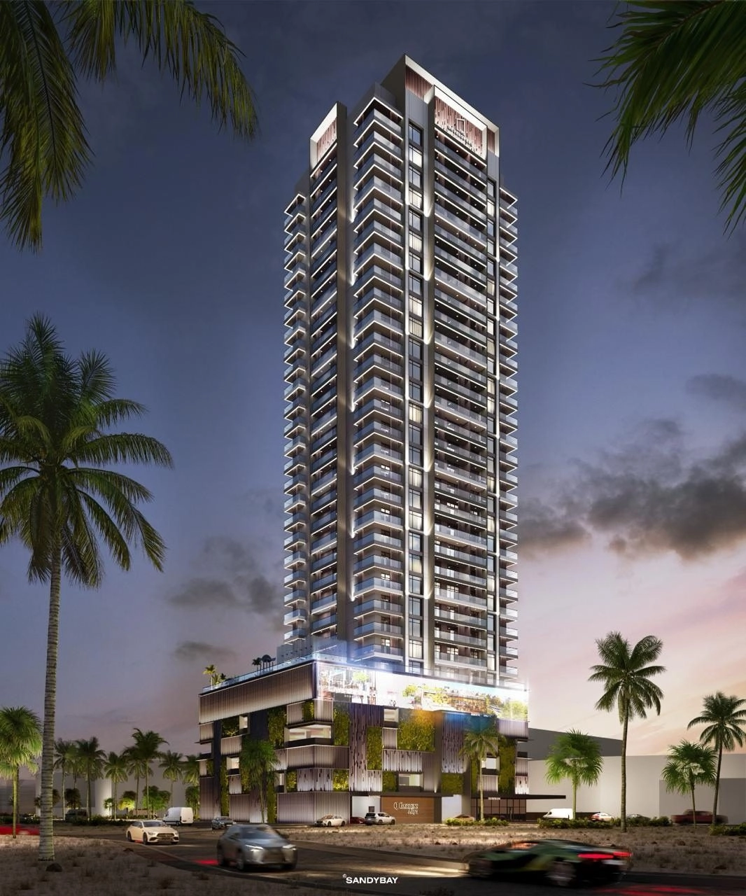 Q Gardens Aliya — Tower at Dusk | Profound Properties, Dubai